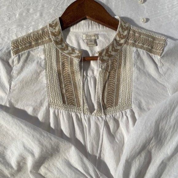 J.Crew Womens XS White Embroidered Boho Peasant Blouse Tassel Tie Top - Picture 3 of 12